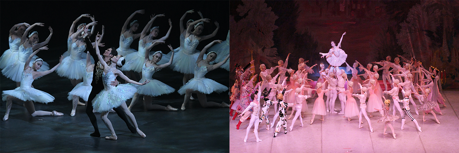 左：深川秀夫版「白鳥の湖」より 撮影/文元克香（テス大阪）、右：ロシア国立ワガノワ・バレエ・アカデミー「くるみ割り人形」